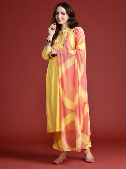 Women Embroidered Panelled Mirror Work Pure Cotton Kurta with Trousers & Dupatta
