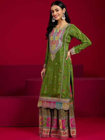 Dhiyona LL Floral Embroidered Notch Neck Sequinned Straight Kurta With Sharara And Dupatta