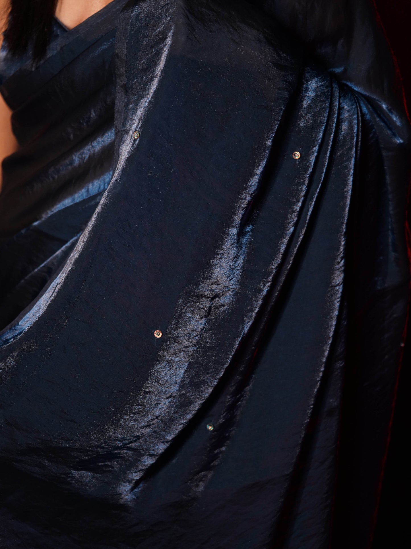 Dhiyona ST Deep Blue Metallic Satin Saree with Iridescent Sequins and Blouse Fabric