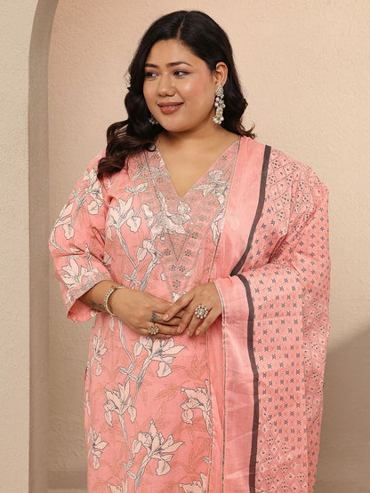 Dhiyona Women's Plus Size Floral Printed Regular Kurta with Trousers & With Dupatta