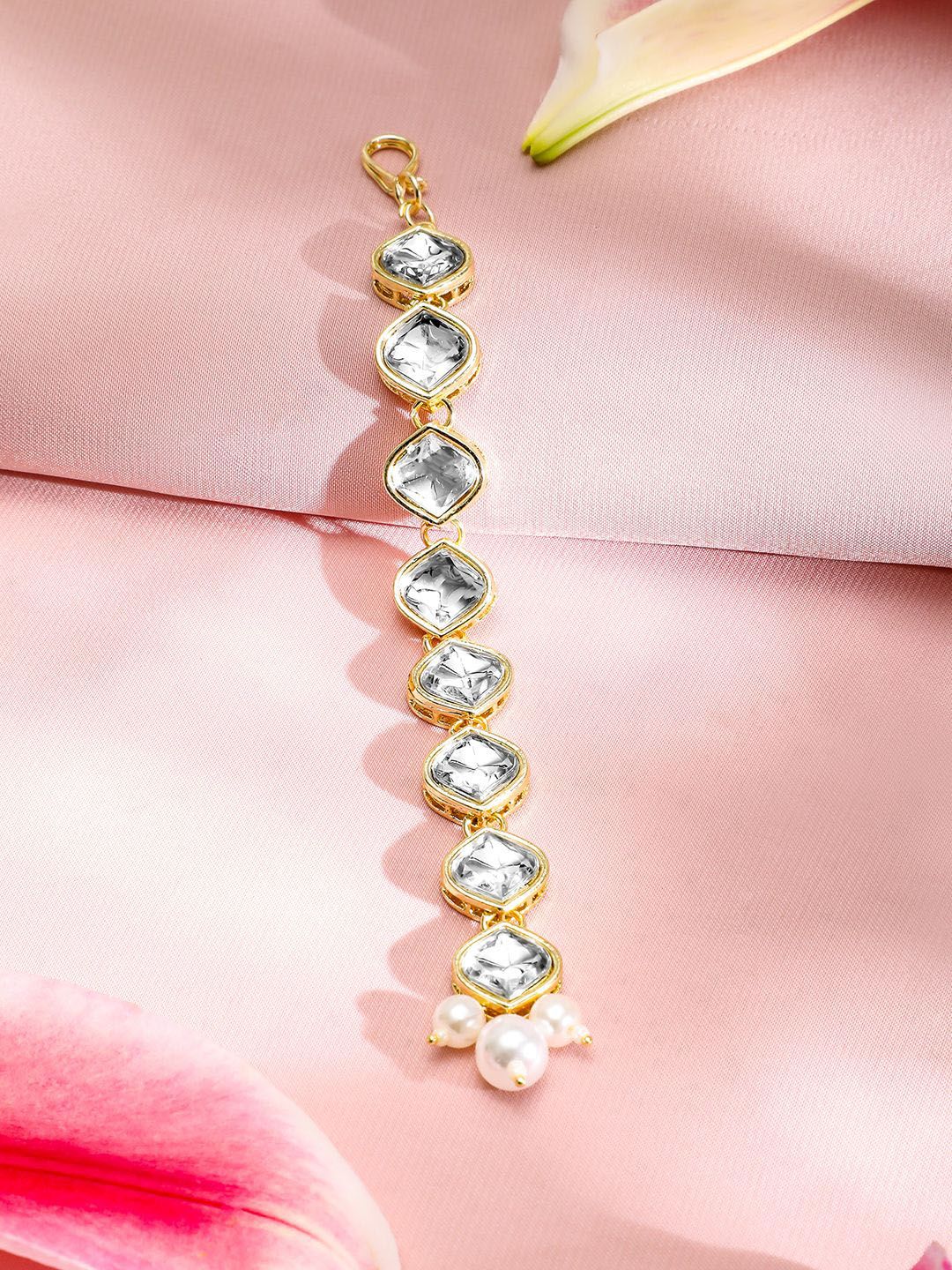 Dhiyona RJ Women's 18K Gold-Plated White Kundan-Studded Maangtika with White Pearls