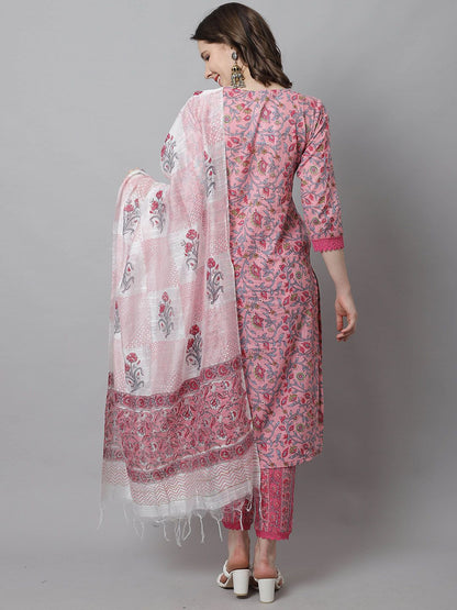 Dhiyona KL Floral Printed Round Neck Pure Cotton Straight Kurta With Trousers & Dupatta