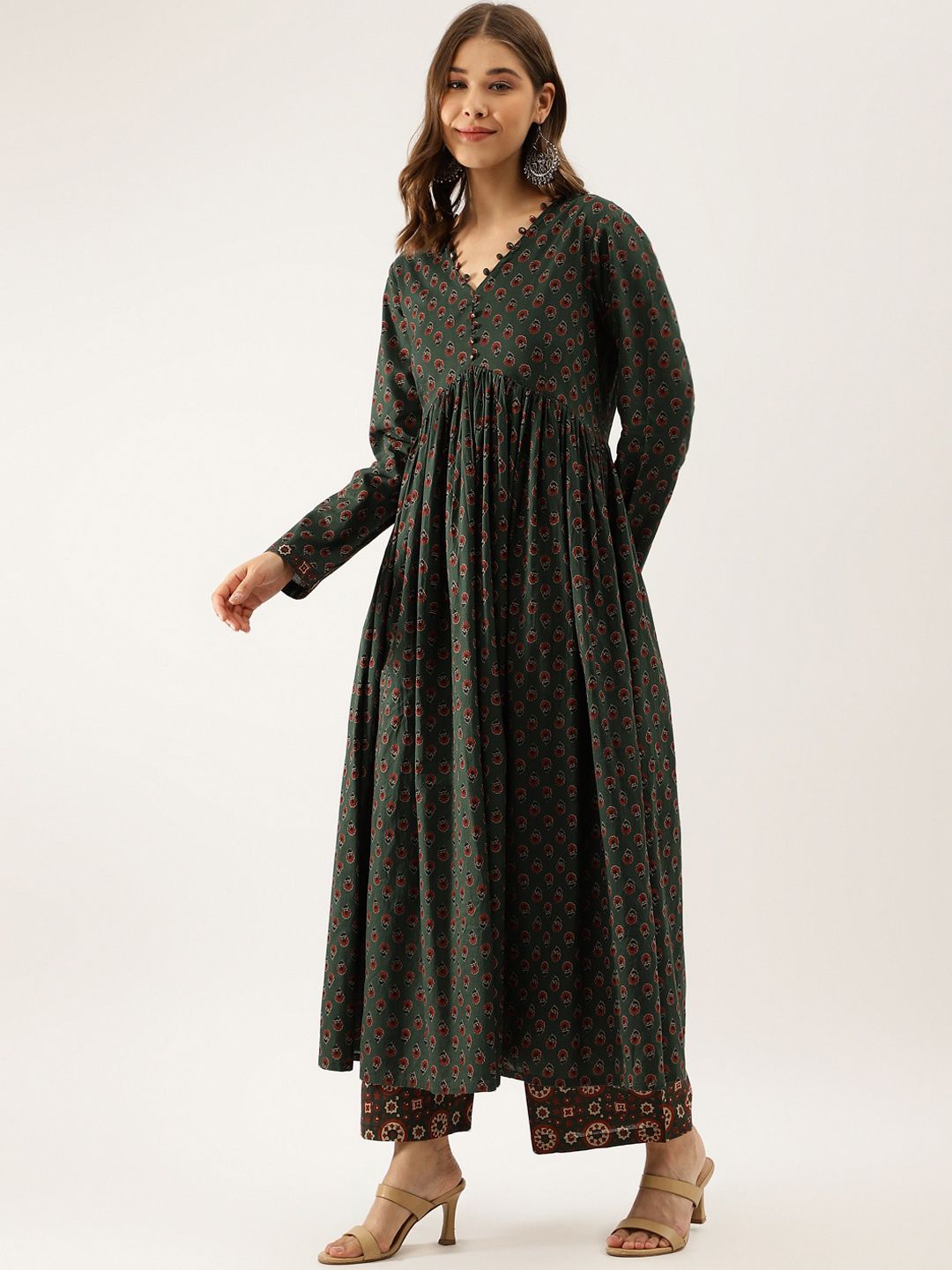 Dhiyona KL Floral Printed V-Neck Pure Cotton Empire Anarkali Kurta With Trousers & Dupatta