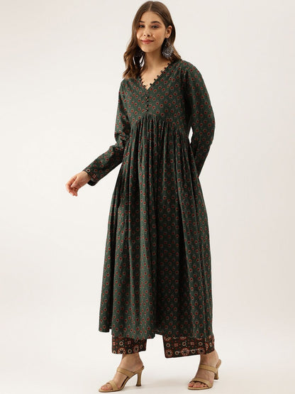 Dhiyona KL Floral Printed V-Neck Pure Cotton Empire Anarkali Kurta With Trousers & Dupatta