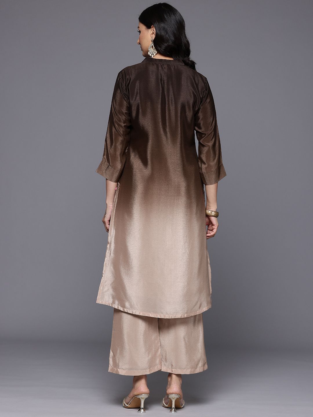 Camel Brown Ombre Sequine Embroidered Kurta with Trouser