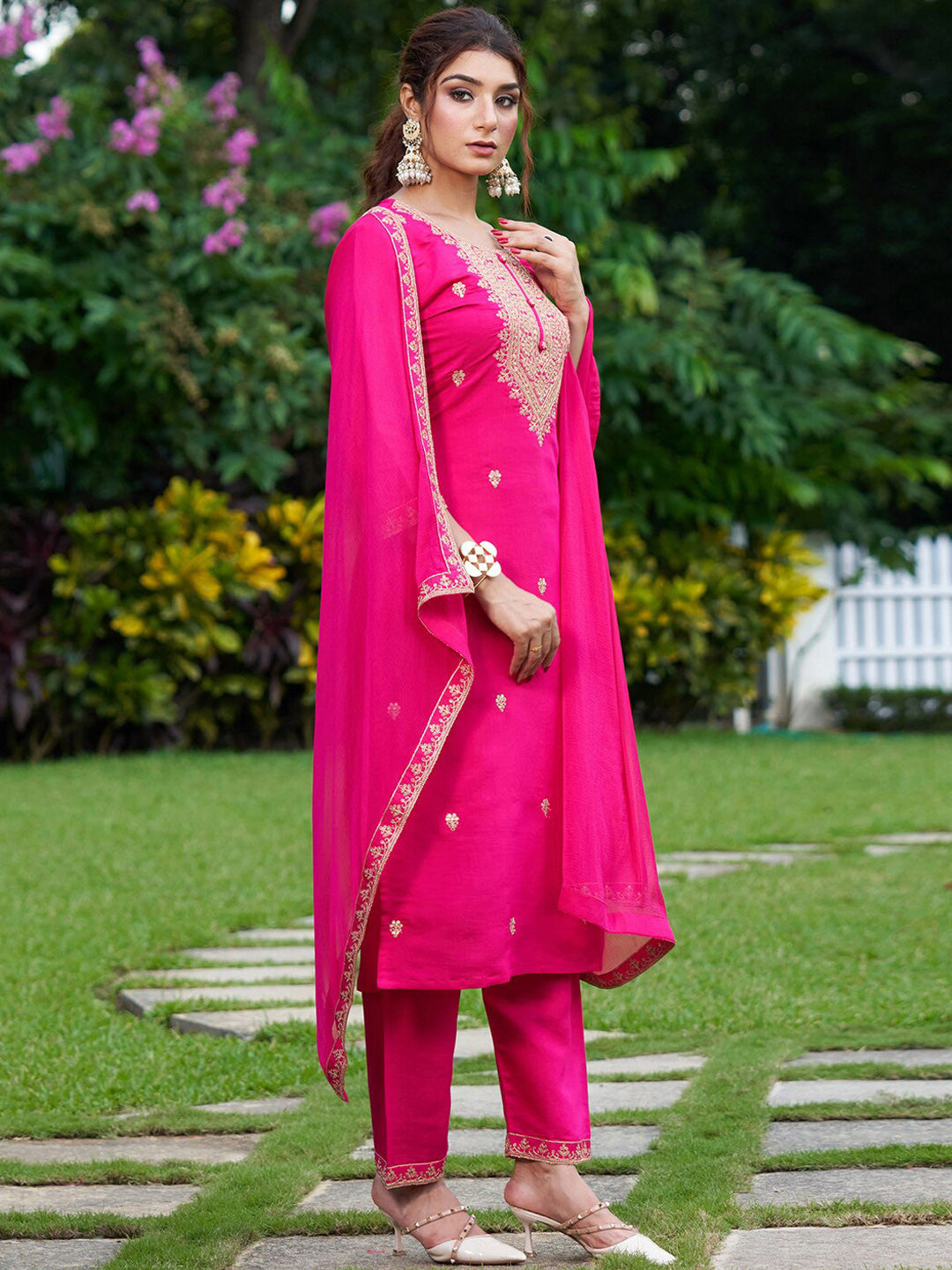 Floral Embroidered Thread Work Kurta with Trousers & Dupatta