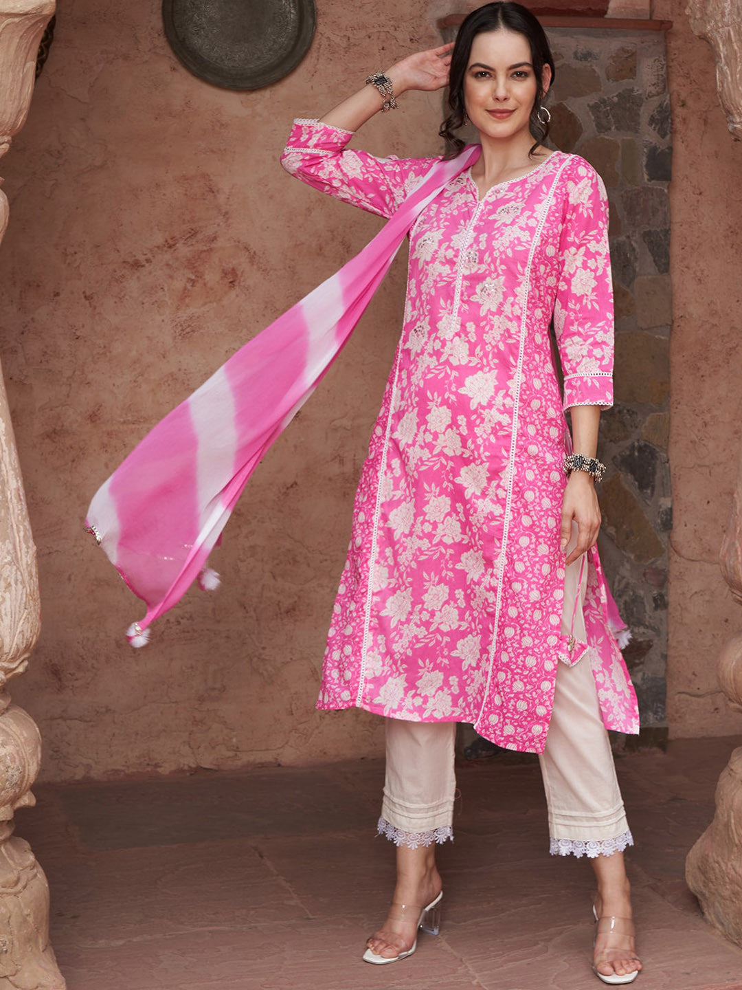Dhiyona SN Ethnic Motifs Printed Sequined Pure Cotton Kurta with Trousers & Dupatta