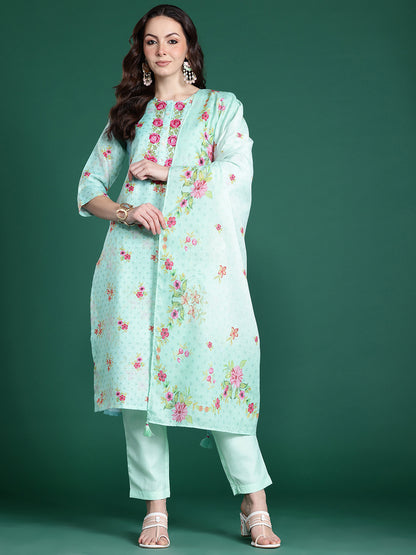 Floral Embroidered Thread Work Linen Kurta with Trousers & With Dupatta