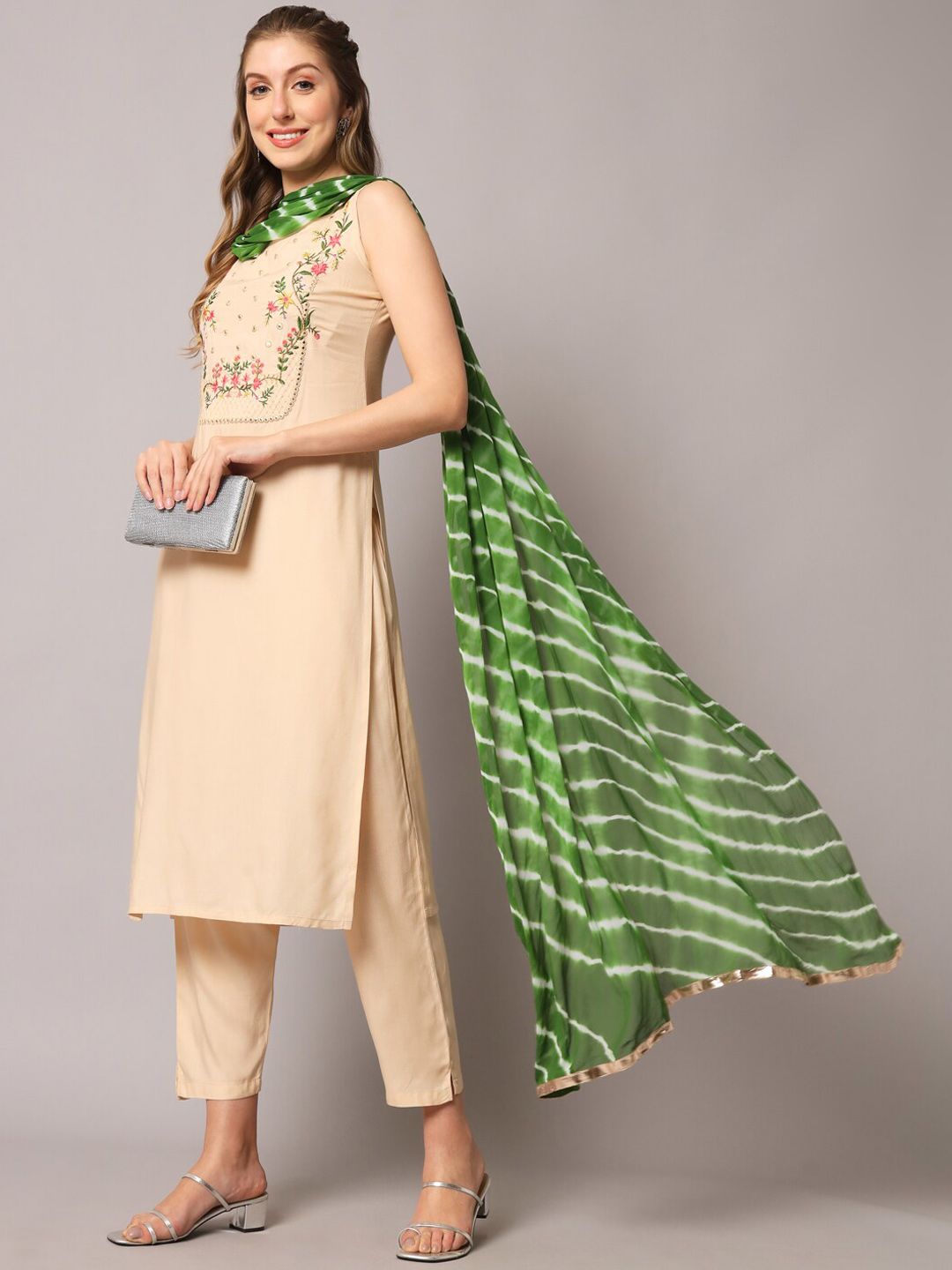 Dhiyona KL Floral Embroidered Mirror Work Kurta with Trousers & Dupatta