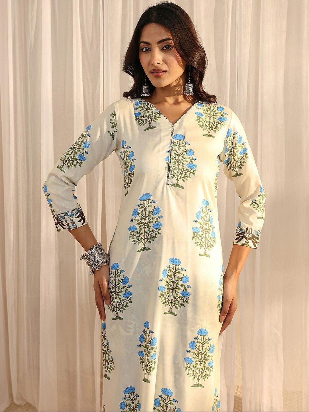 Off White Floral Printed Chanderi Silk Straight Suit Set with Dupatta