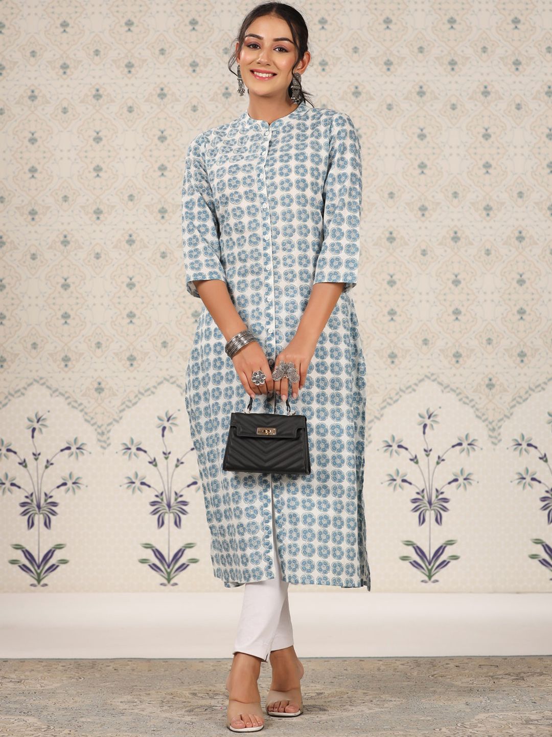 Dhiyona OD  Floral Printed Mandarin Collar Cotton A-Line Kurta With Front Slit