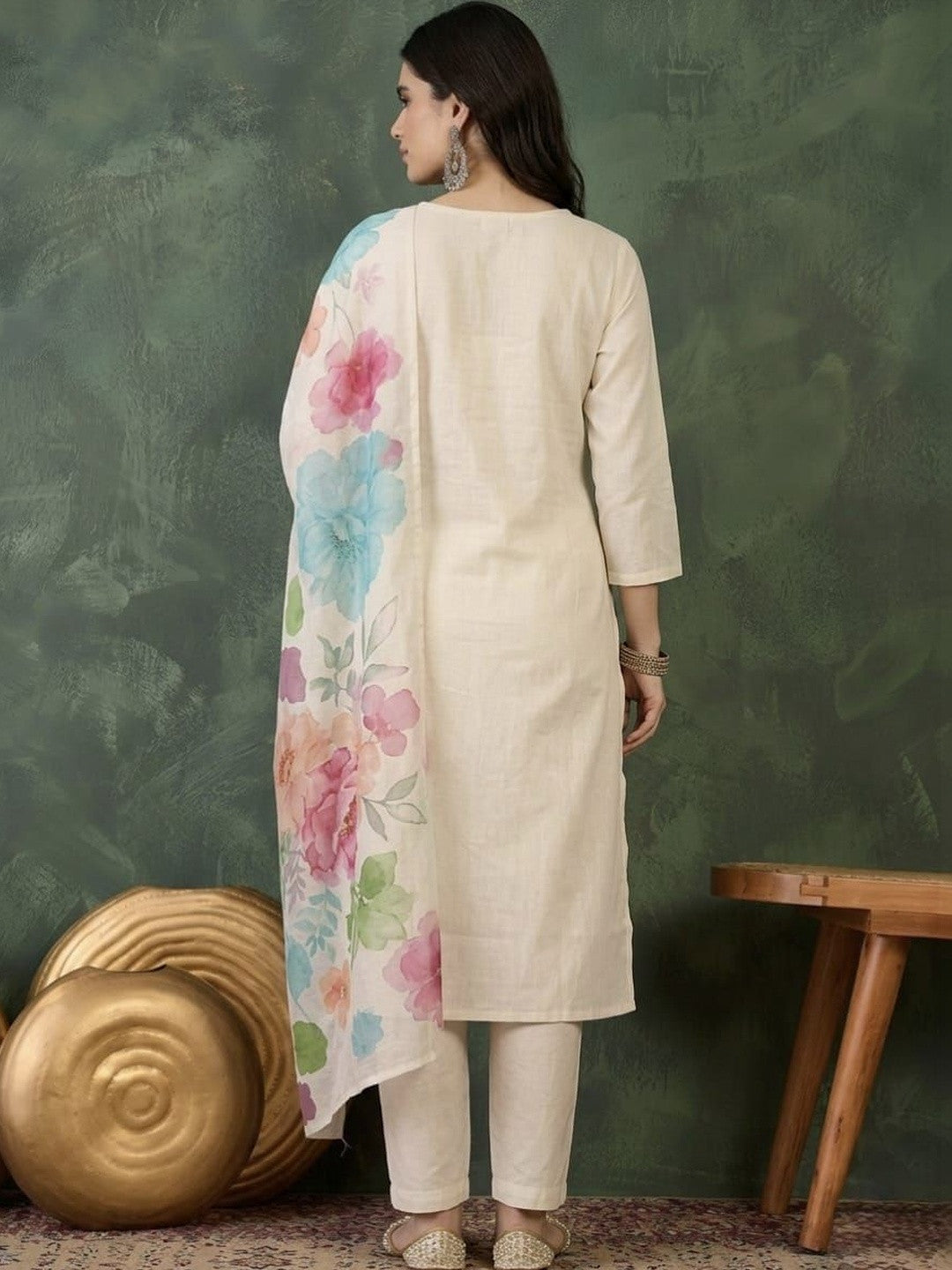 Embroidered Pure Cotton Round Neck Kurta & Trousers With Dupatta