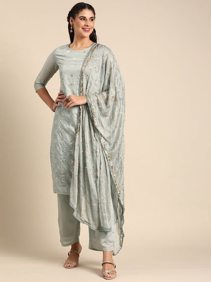 Dhiyona SN Women Grey Ethnic Motifs Embroidered Regular Sequinned Chanderi Silk Kurta with Palazzos & With