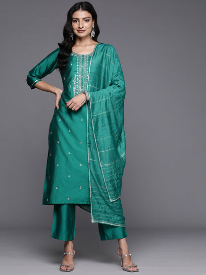 Floral Embroidered Regular Sequinned Kurta with Trousers Dupatta