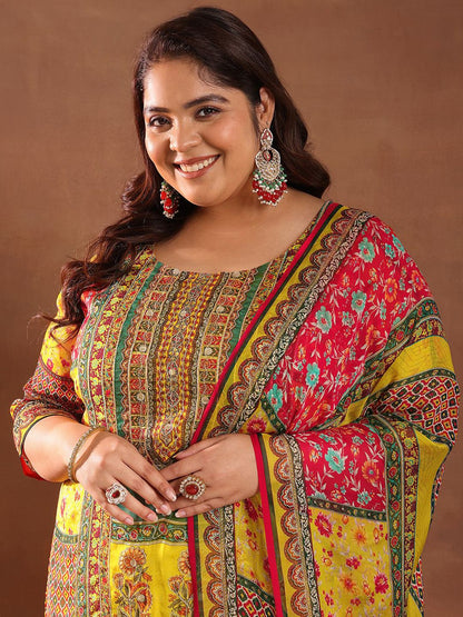 Dhiyona Women's Plus Size Ethnic Motifs Printed Kurta with Palazzos & Dupatta