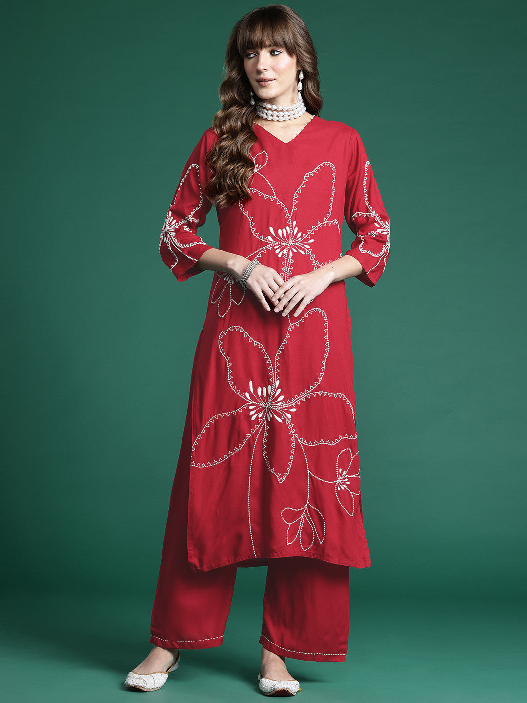 Floral Embroidered Regular Thread Work Kurta with Palazzos