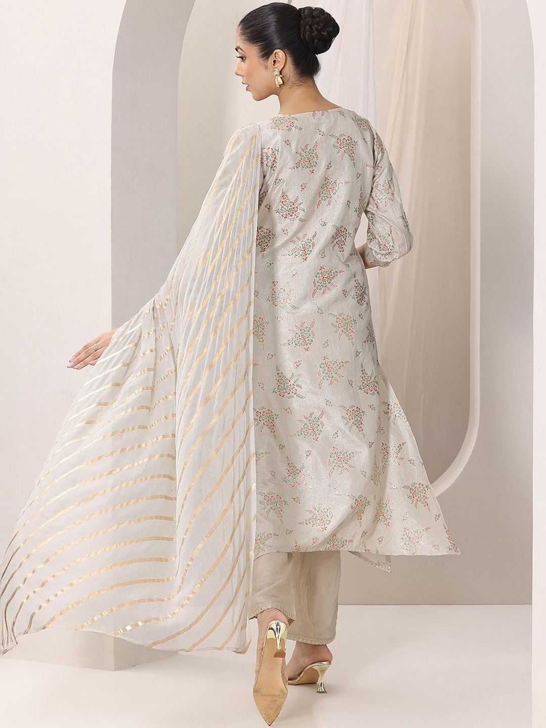 Floral Printed Anarkali Thread Work Kurta With Trousers & Dupatta