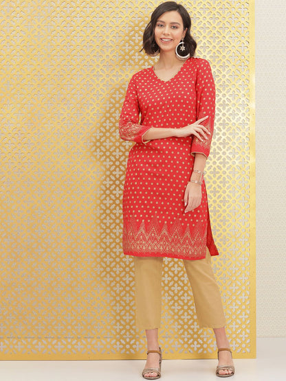 Dhiyona OD  Women Red & Gold-Toned Ethnic Motifs Printed Block Print Brocade Kurta