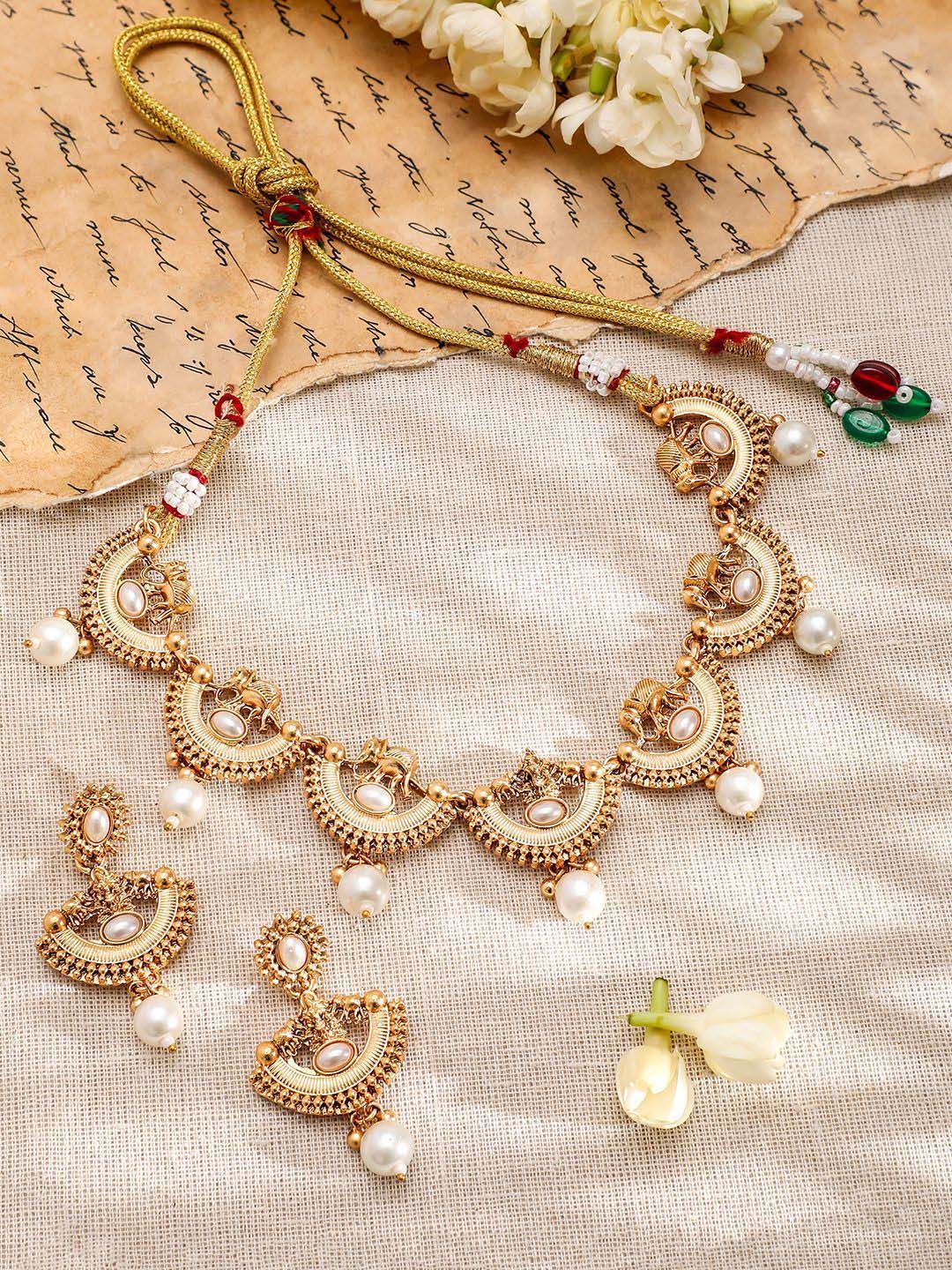 Dhiyona RJ Women's 18K Gold-Plated Pearl and Kundan Studded Temple Necklace Set