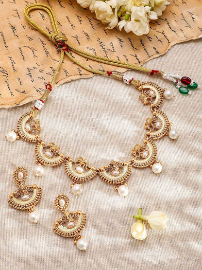 Dhiyona RJ Women's 18K Gold-Plated Pearl and Kundan Studded Temple Necklace Set