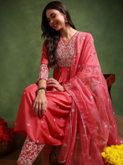 Dhiyona KL Floral Embroidered V-Neck Pleated A-Line Kurta with Palazzos & Dupatta
