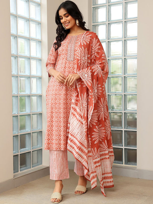 Women Ethnic Motifs Printed Regular Sequinned Pure Cotton Kurta with Trousers & With Dupatta