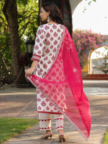 Dhiyona RR Women's Floral Printed Notch Neck Pure Cotton Kurta With Trousers & Dupatta