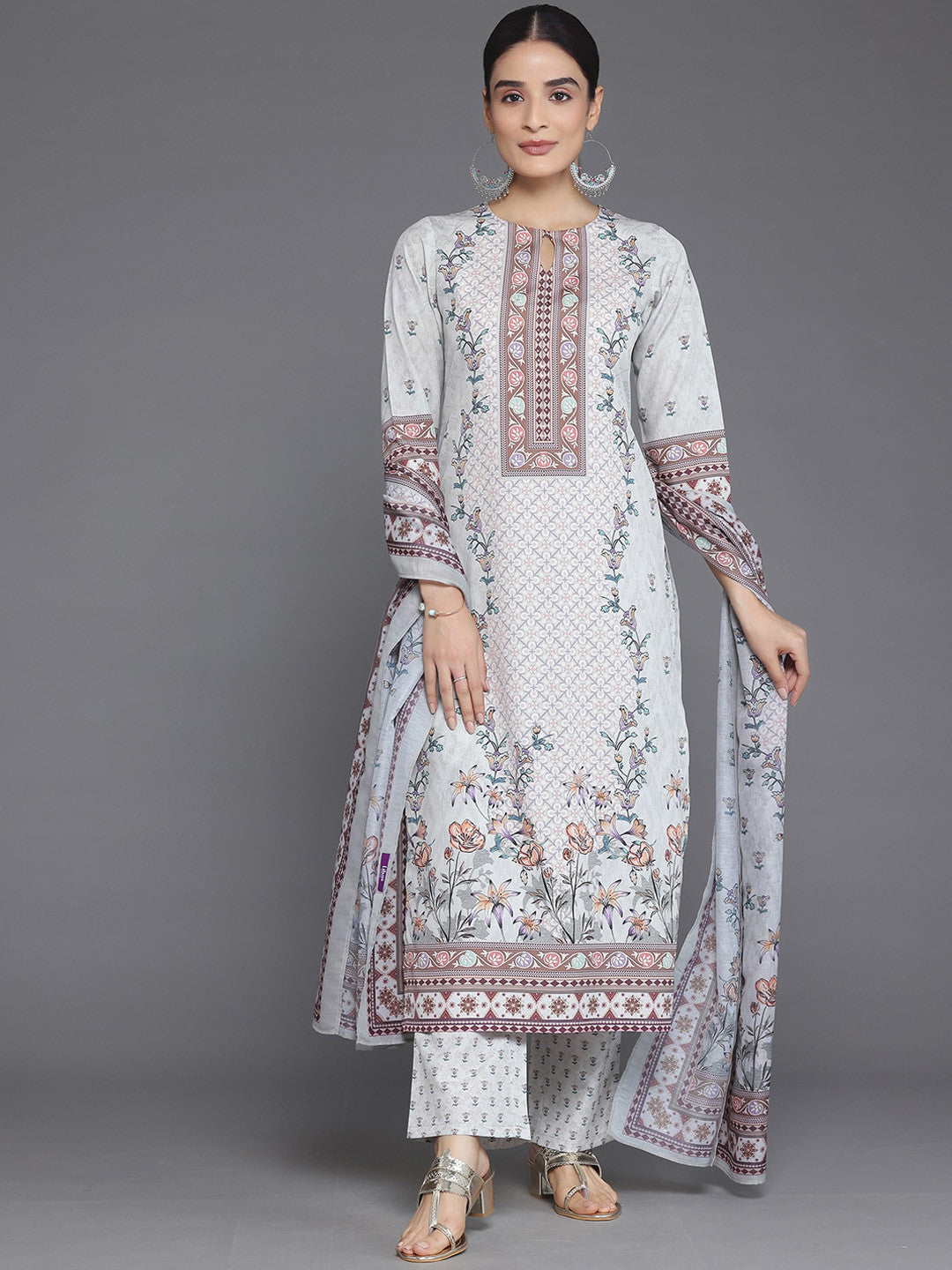 Floral Printed Sequinned Kurta with Trousers & With Dupatta