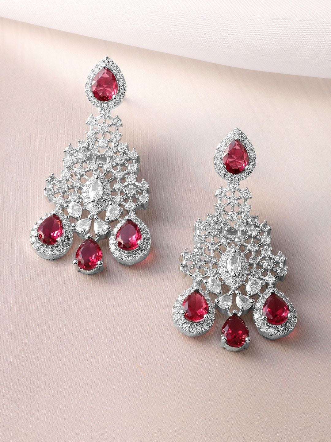 Dhiyona RJ Women's Rhodium-Plated Ruby Red and White Cubic Zirconia Studded Necklace Set