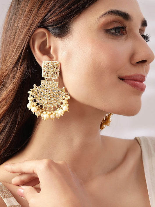 Dhiyona RJ Women's Off-White Gold-Plated Kundan-Studded Long Chandbalis with Pearl-Beaded