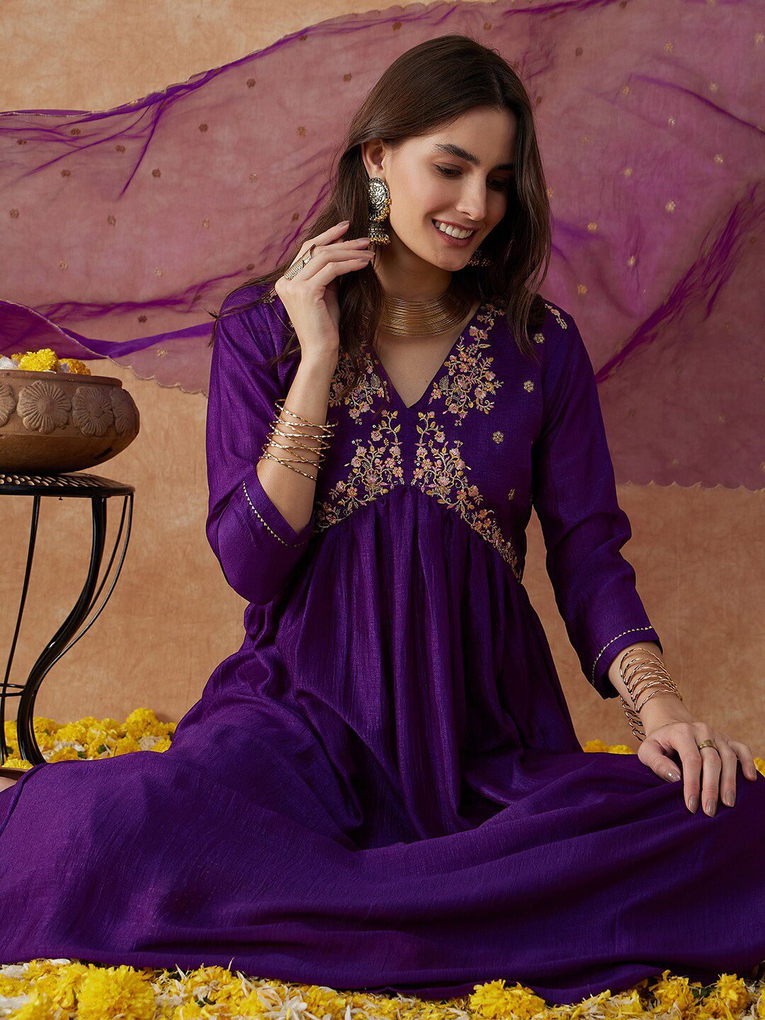 Dhiyona SN Women's Printed Flared Sleeves Kurta & Trousers With Dupatta