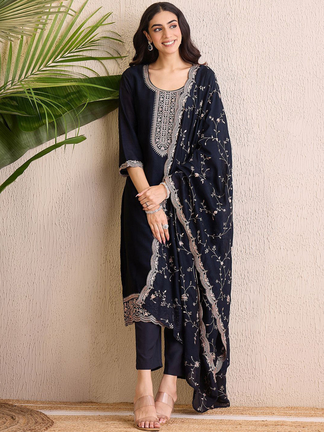Women Ethnic Motifs Embroidered Regular Sequinned Kurta with Trousers & With Dupatta
