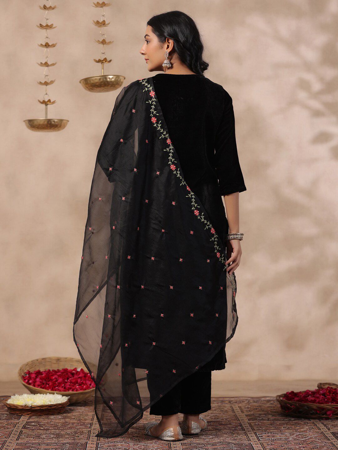 Dhiyona IS Women's Ethnic Motifs Thread Work Notch Neck Velvet Yoke Design Kurta With Trouser & Dupatta