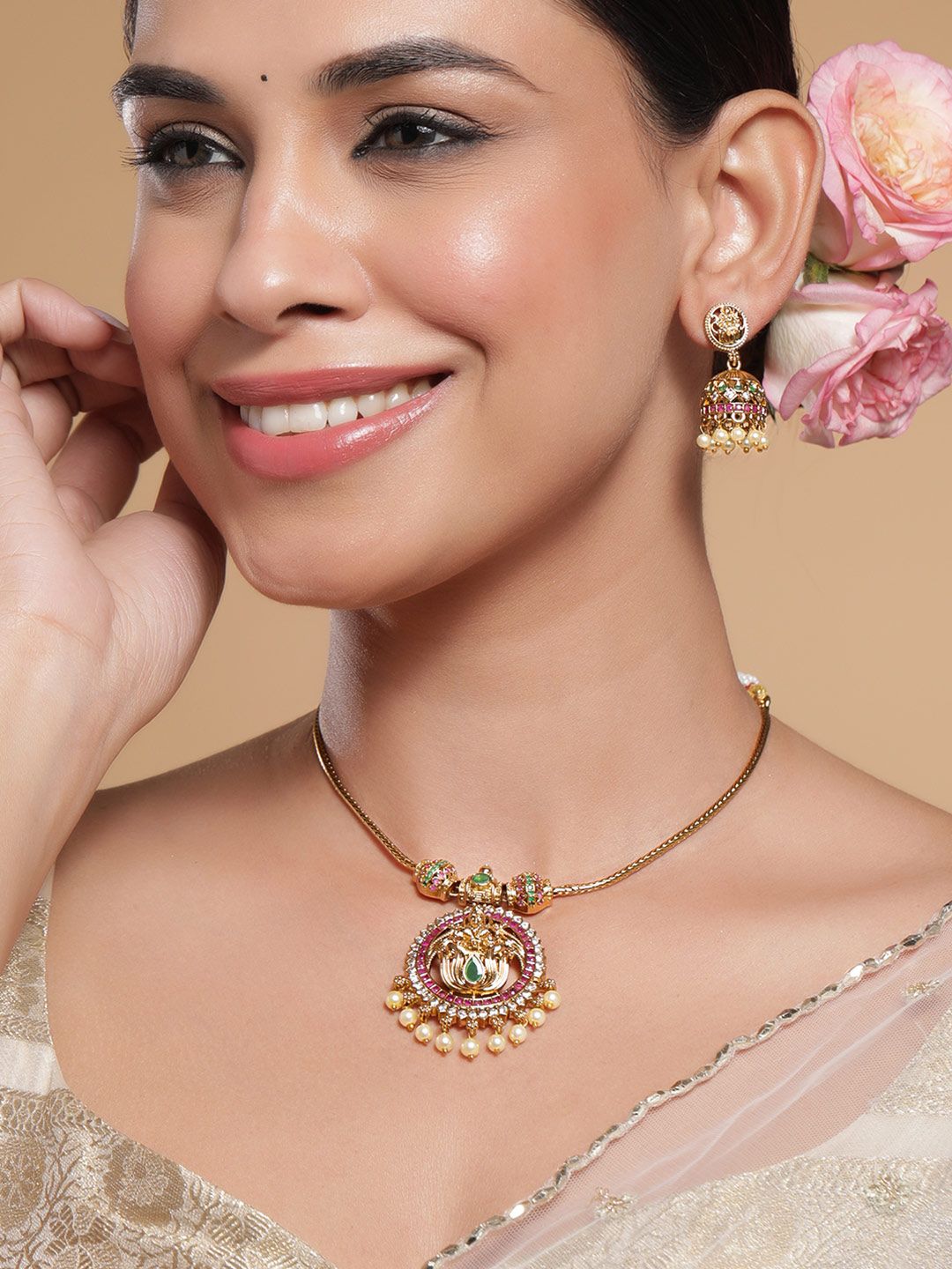 Dhiyona RJ Women's 22KT Gold-Plated Cubic Zirconia Studded Laxmi Temple Jewellery Set