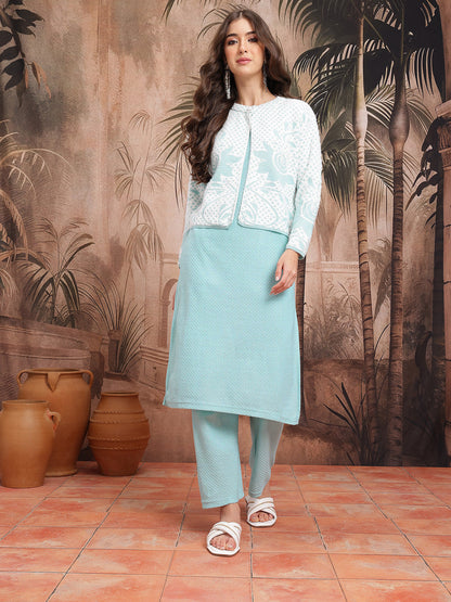 Geometric Self-Design Straight Winter Kurta with Trousers & Jacket