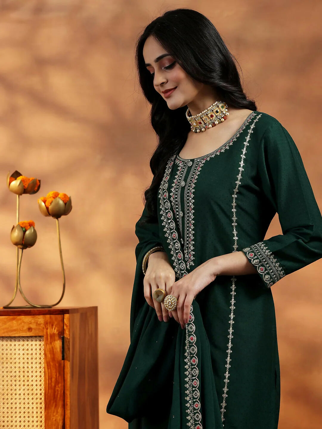 Women's LB Green Embroidered Silk Blend Straight Suit With Dupatta