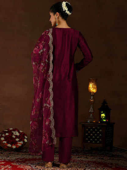 Women's LB Maroon Embroidered Silk Blend Straight Suit With Dupatta