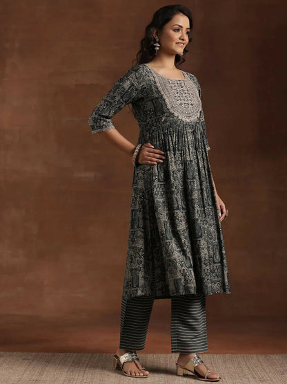 Women's LB Green Printed Silk Blend A-Line Kurta With Trousers & Dupatta