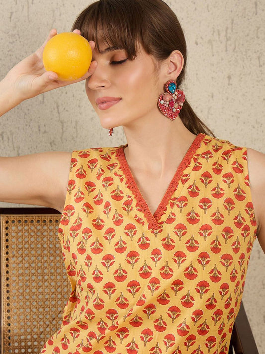 Ethnic Motifs Printed V-Neck Straight Pure Cotton Kurta With Trousers