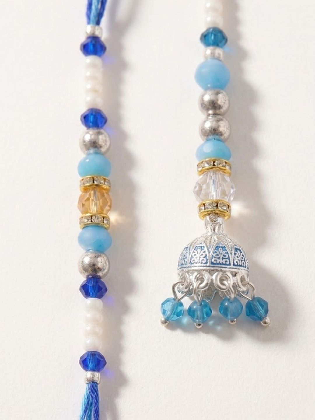 Dhiyona Set Of 2 Blue Artificial Beads Jhumka Design Bhaiya Bhabhi Rakhi With Roli Chawal