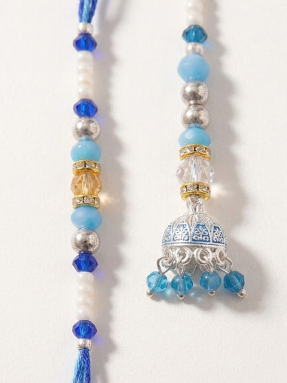 Dhiyona Set Of 2 Blue Artificial Beads Jhumka Design Bhaiya Bhabhi Rakhi With Roli Chawal