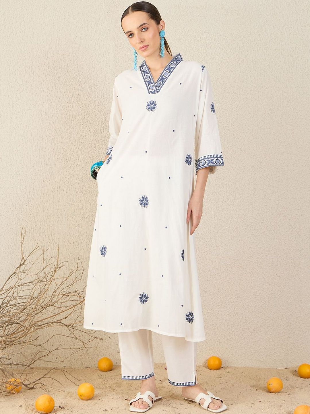 Dhiyona IE Floral Embroidered V Neck A-Line Pure Cotton Kurta & Trousers With Dupatta