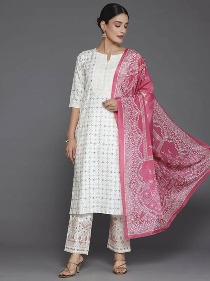 Women's LB Off White Printed Silk Blend Straight Suit With Dupatta