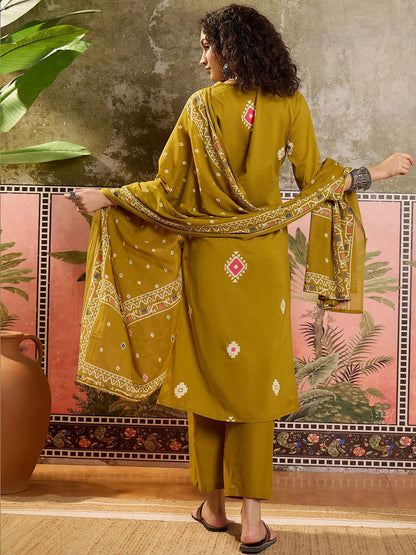 Printed Cotton V-Neck Kurta & Trousers With Dupatta