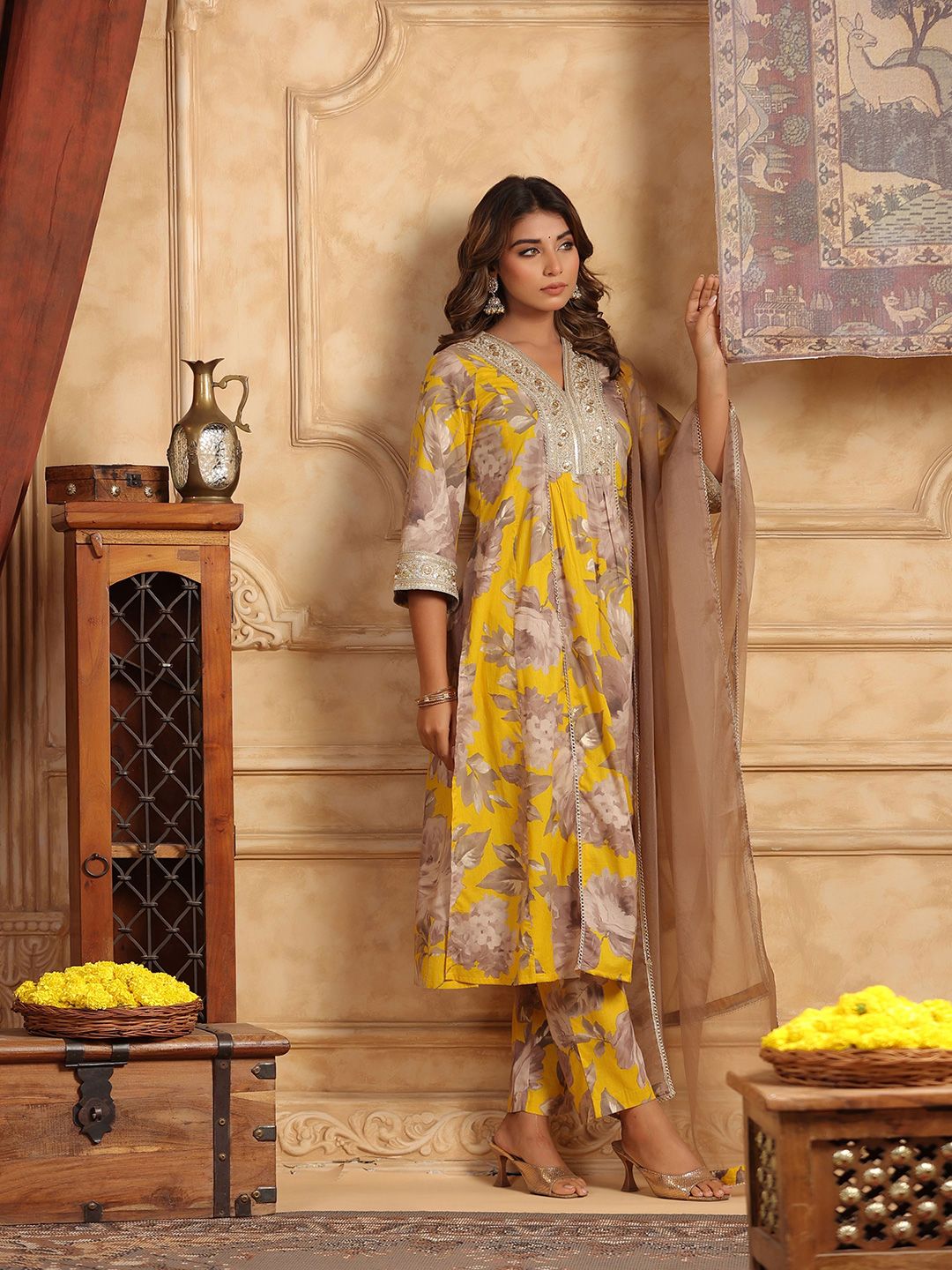 Dhiyona RR Women's Floral Printed Sequinned Pure Cotton Anarkali Kurta with Trousers & Dupatta