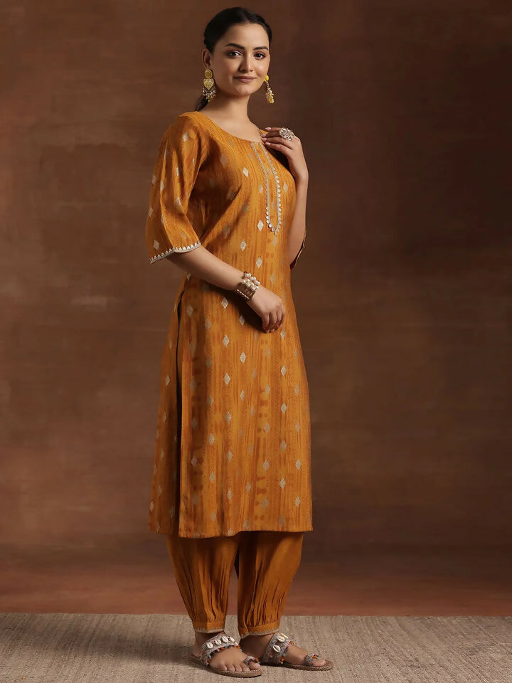 Women's LB Mustard Woven Design Silk Blend Straight Suit With Dupatta