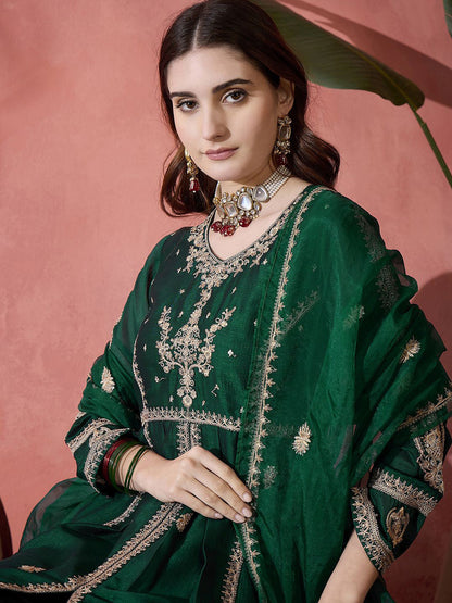 Green Floral Embroidered Panelled Zari A-Line Kurta With Trousers And Dupatta