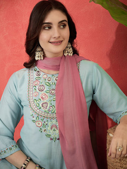 Floral Embroidered Round Neck Sequinned Straight Kurta Trousers & Dupatta