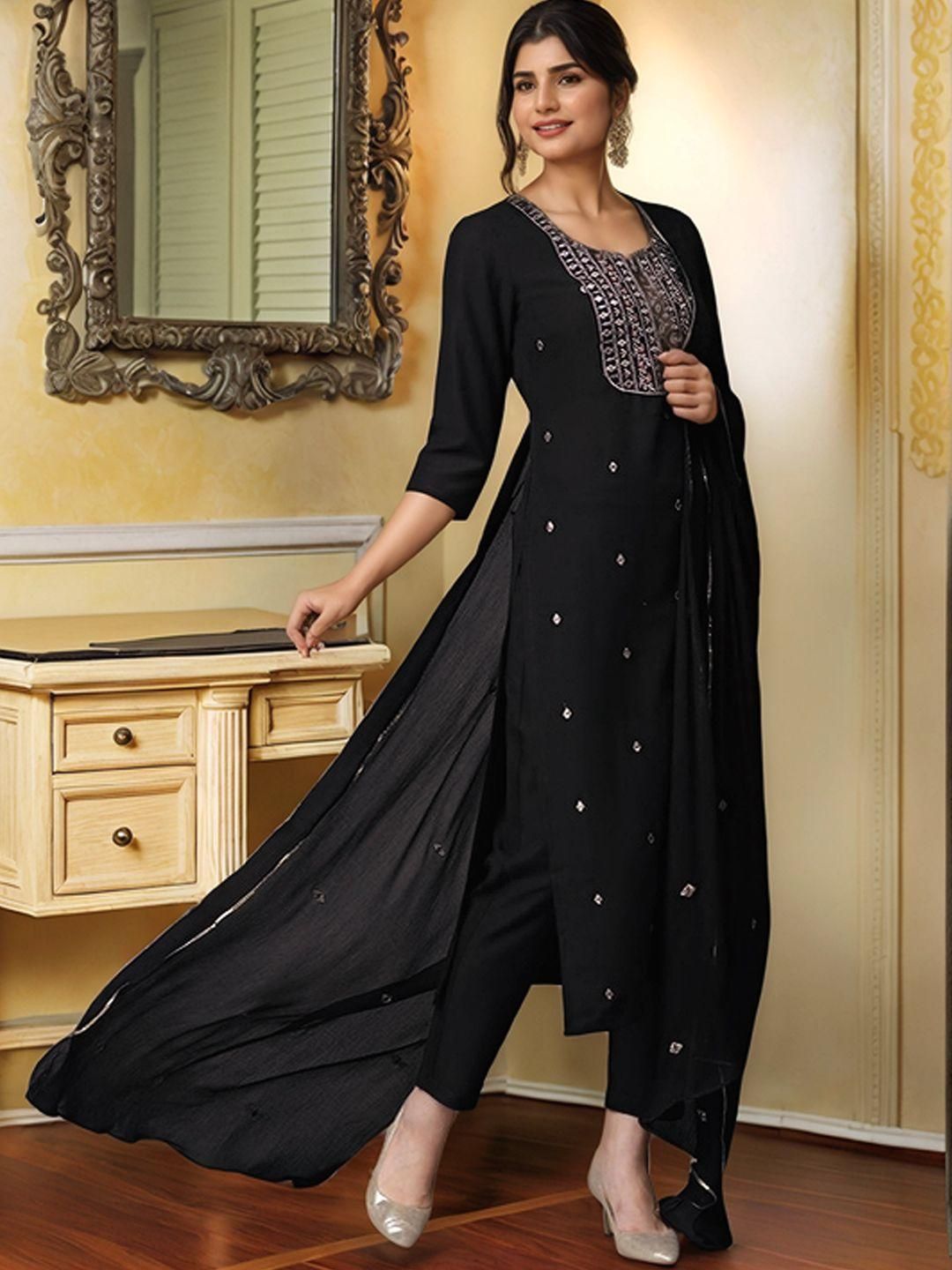 Dhiyona KL Women Black Rayon Blend Embroidered Straight Kurta Suit With Dupatta