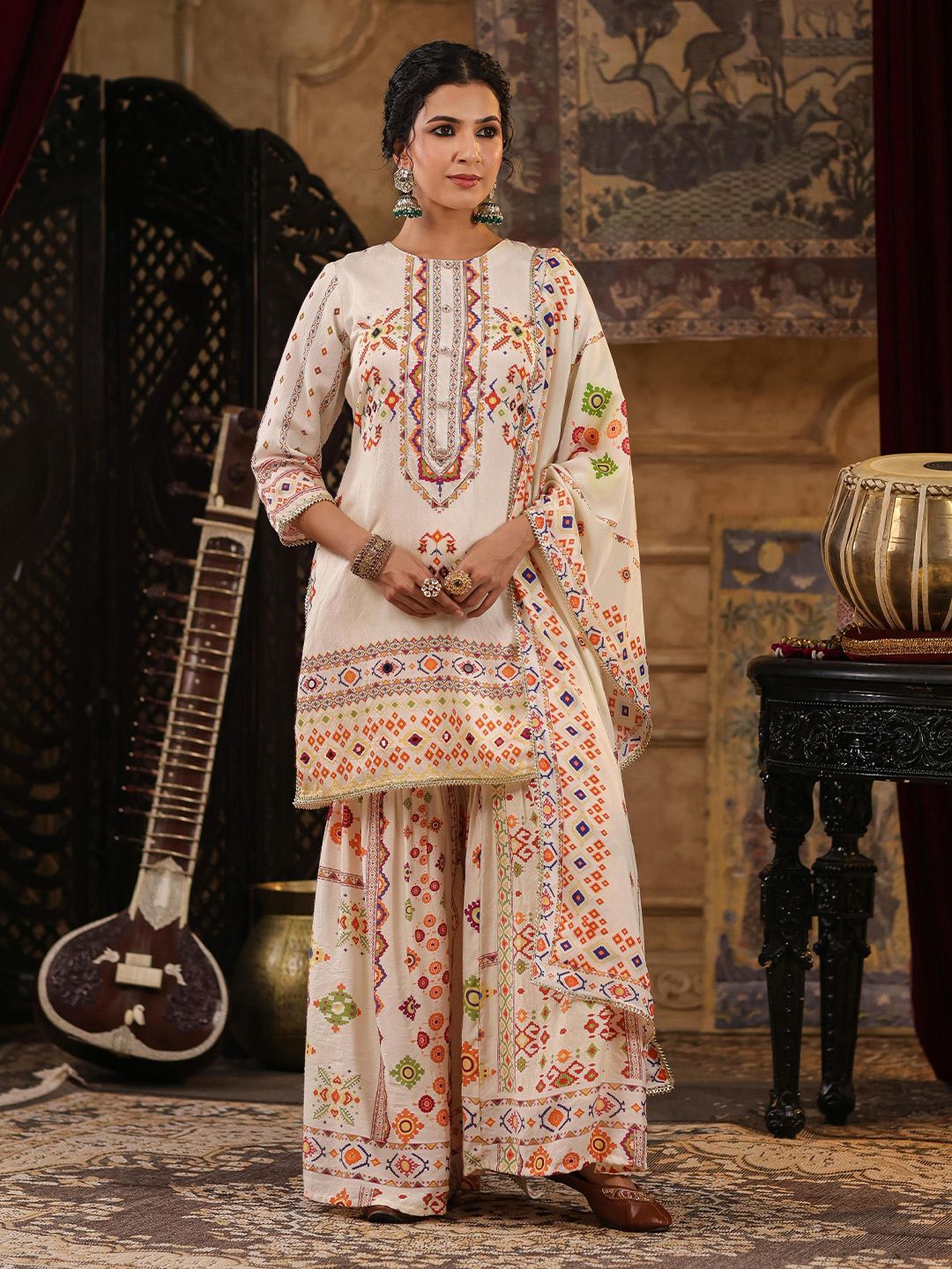 Dhiyona SC Geometric Printed Mirror Work Chanderi Silk Kurti with Sharara & Dupatta
